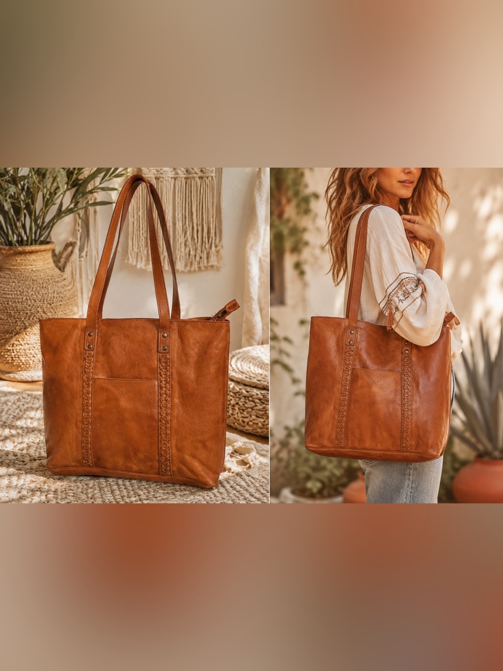 Classic Vilenca Holland North South Stitch Woven Cognac Leather Tote Bag